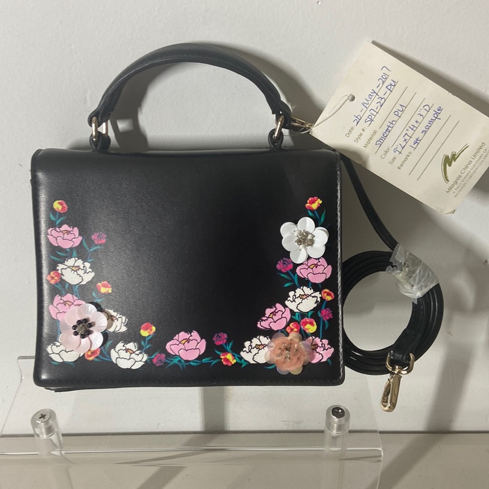Milagros Black Floral Sample Sale Top Handle/Crossbody Purse  NEW